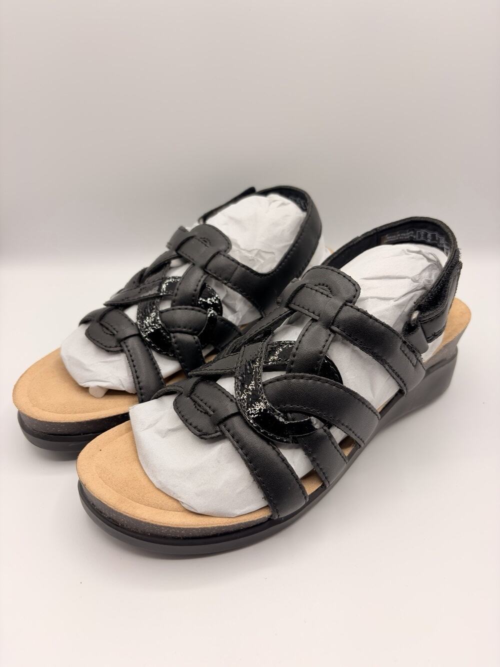Clarks Calenne Gracie Comfort Wedge Sandals Black Women’s Sz 7.5 NWOB